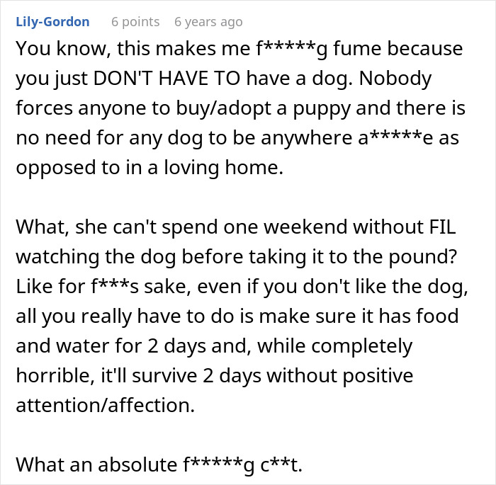 Comment expressing anger about a MIL pretending dog passed away and family finding him later at the shelter.
