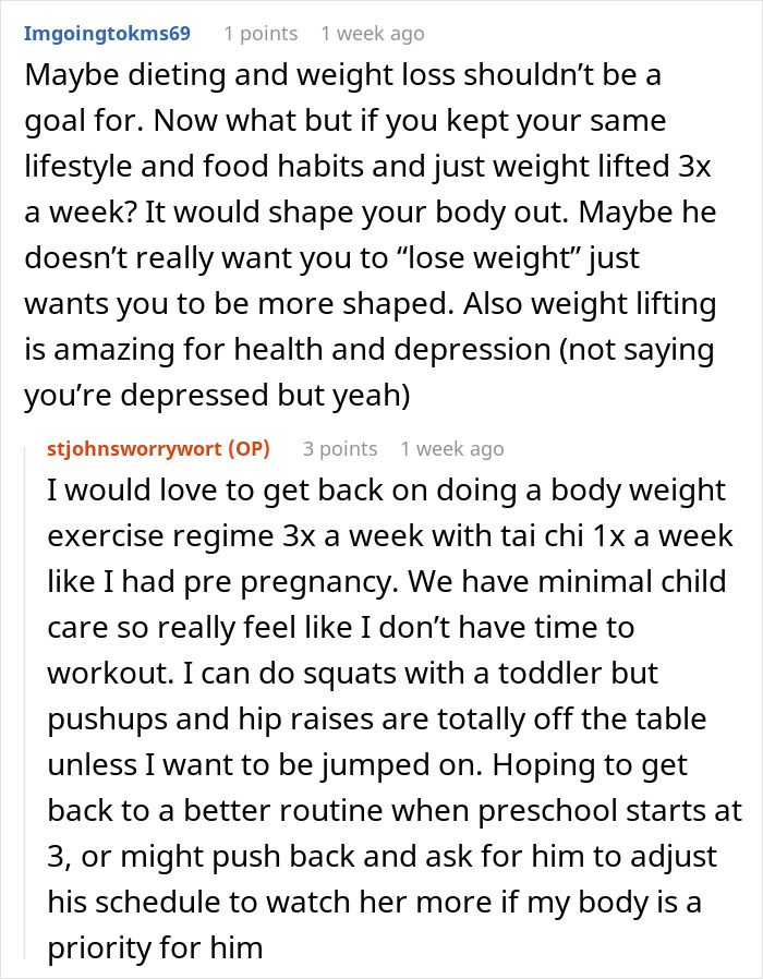 Reddit conversation showing a woman discussing postpartum weight loss pressure and challenges with exercise and childcare.