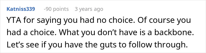 Reddit comment criticizing lack of backbone in response to woman kicking late husband&rsquo;s brother and his kids out.