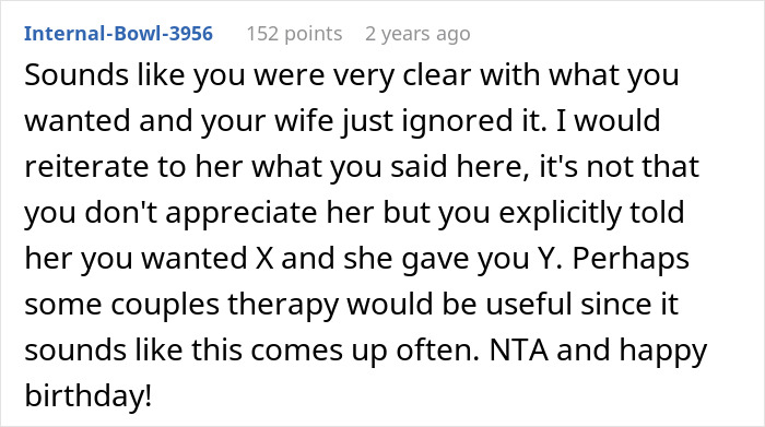 Screenshot of an online comment discussing a big party thrown for a husband's birthday despite his wishes.