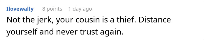 Comment warning about cousin card fraud in vacation rental, advising to distance and never trust again.
