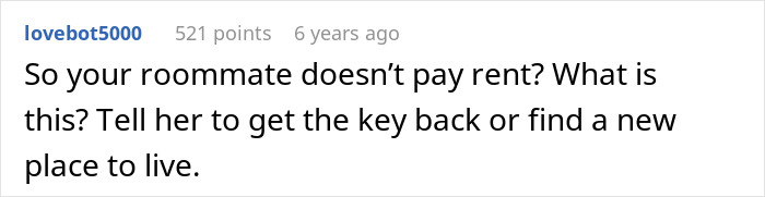 Comment discussing a roommate&rsquo;s parents using a spare key and acting like babysitters, questioning rent payment and key return.