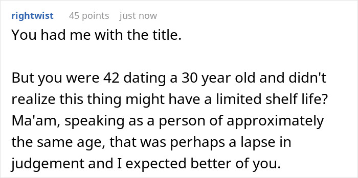 Comment on boyfriend breakup new grandma drama post, discussing age difference and relationship expectations.