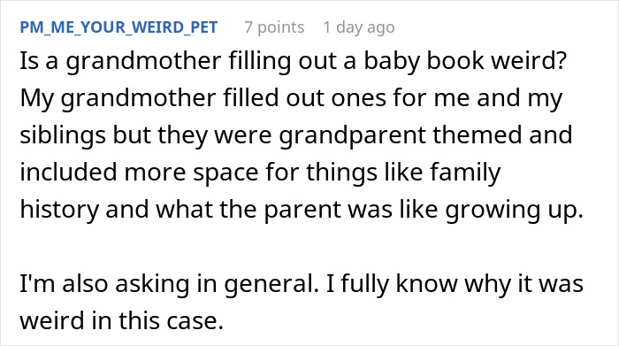 Text post discussing a grandmother filling out a baby book and concerns about dad’s girlfriend’s baby fever.