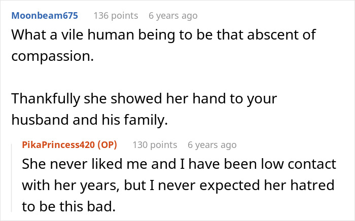 Reddit conversation showing users discussing an evil MIL who torments her son&rsquo;s wife and shows no sympathy after a fire.
