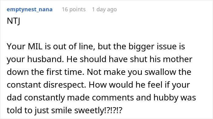 Commenter discussing MIL disrespect and husband&rsquo;s role in handling family conflicts in an online forum conversation.