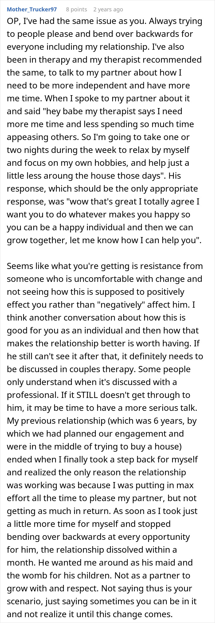 Comment about a man taking advantage of wife&rsquo;s submissive nature and the impact when she stands up for herself.