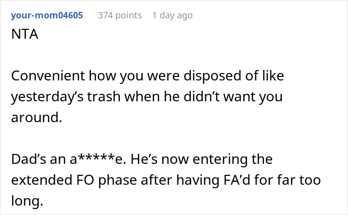 Text comment criticizing a dad who chose new family over daughter and now wants her back after new wife cheated on him.