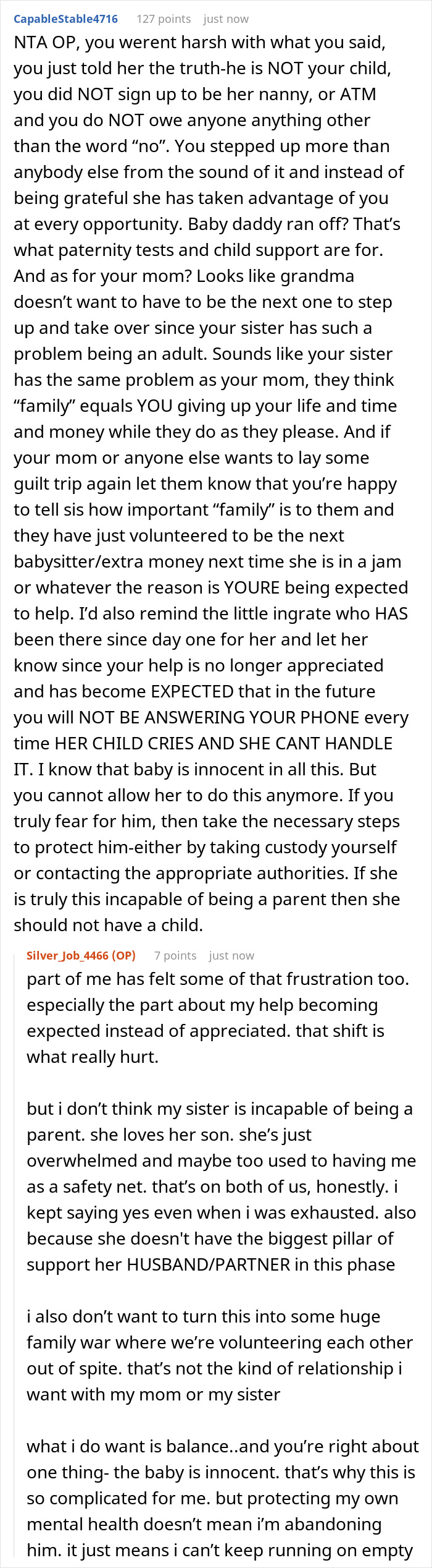 Text discussion about older sister helping single mom with baby, realizing she never actually chose that role or responsibility.