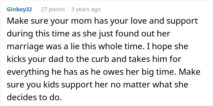Comment on a post about a woman learning her father had a secret son, urging family support during the fallout.