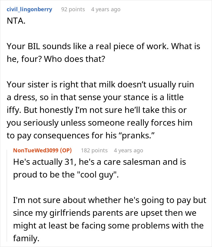 Comments discussing groom pranks on BIL’s girlfriend, refusal to pay, and resulting family tension after wedding incident.