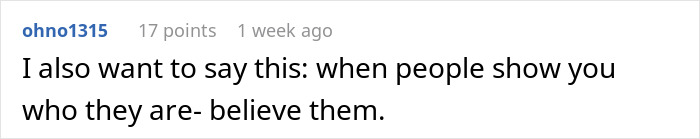 Screenshot of a social media comment about recognizing true character after someone insults their wife post-baby while pressuring weight loss meds.