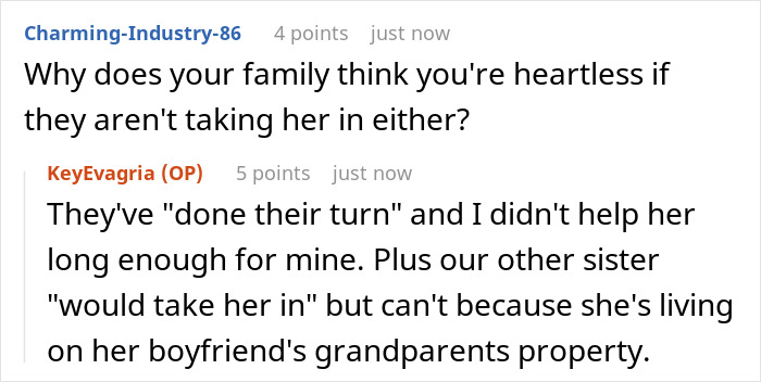 Comment discussing family reluctance to help pregnant sister facing homeless shelter challenges and limited housing options.