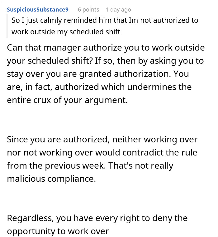Screenshot of online discussion about a cashier told not to work overtime complying during a crisis and manager reaction.