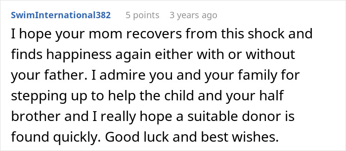 Screenshot of online comment expressing support for family coping with father&rsquo;s secret son revelation and family falling apart.