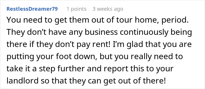 Comment explaining frustration with roommates not paying rent and urging action to involve landlord and remove them.