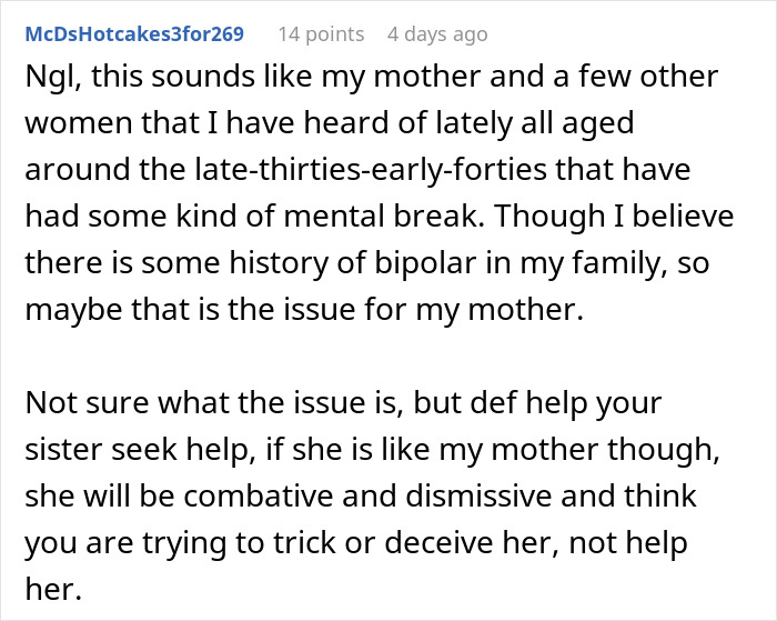 Comment discussing a woman going berserk over brother meddling with her parenting after kids called him for help.