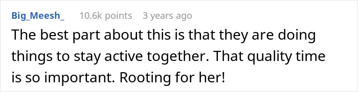 Comment discussing staying active together as a couple supporting each other amid struggles with wife&rsquo;s weight gain.