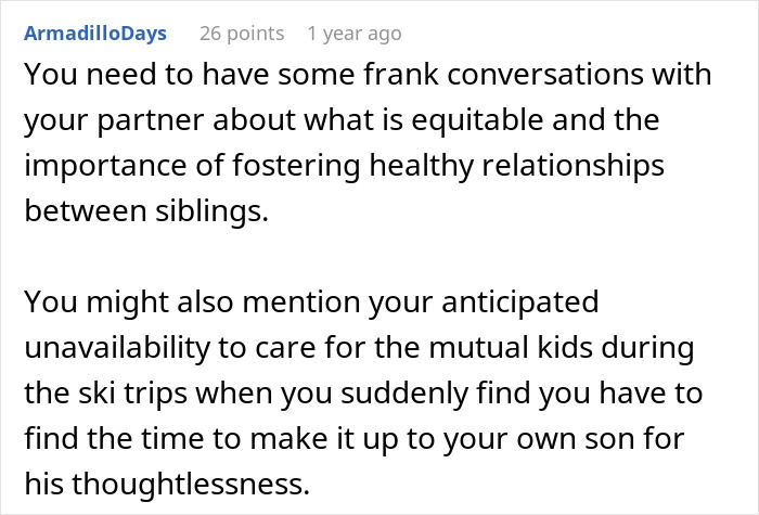 Text comment about partner and ski trips, highlighting concerns over equitable relationships and care for children involved.