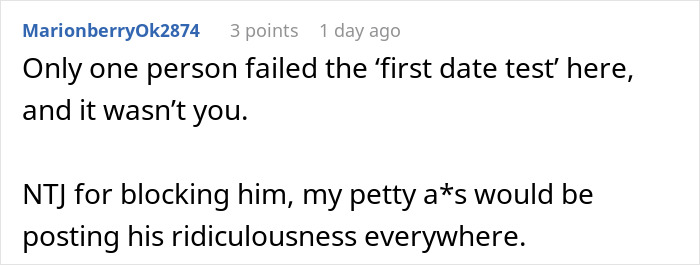 Screenshot of a comment discussing a first date test and calling out a guy who faked an emergency and got caught.