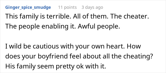 Comment discussing a family's behavior involving a son&rsquo;s mistress and the wife, highlighting cheating and enabling actions.