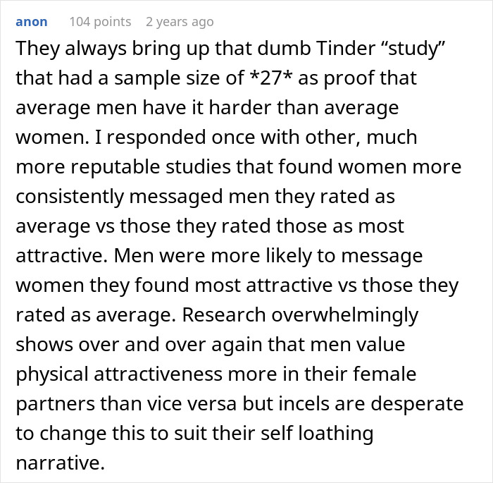 Comment from an anonymous user discussing research on incel forums about gender messaging dynamics and physical attractiveness.
