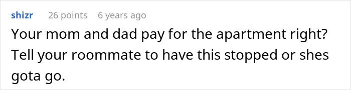 Comment text on a white background discussing roommate&rsquo;s parents using a spare key and acting like babysitters.