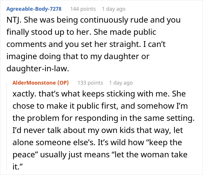 Screenshot of a Reddit thread where a woman shares how she made her mother-in-law cry after public shaming.