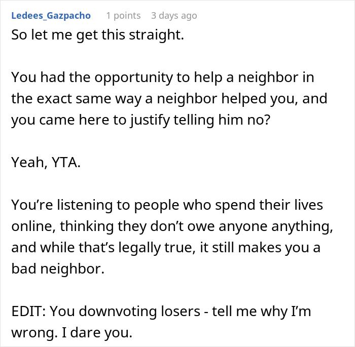 Comment discussing a woman refusing to lend her new snow blower to a neighbor she never met before.