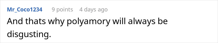 Screenshot of an online comment expressing a negative opinion about polyamory, stating it will always be disgusting.