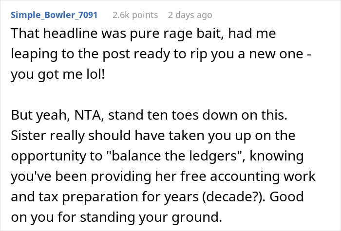 Comment discussing sister refusing to plan wedding and getting demoted to guest, praising standing ground and balancing ledgers.