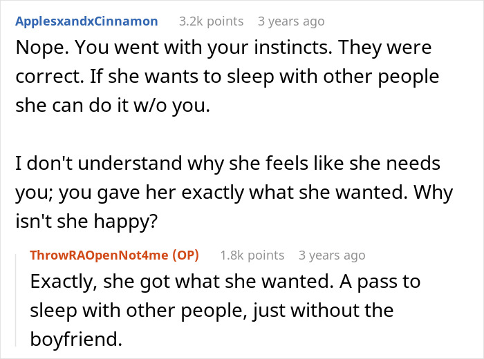 Reddit discussion about a woman suggesting an open relationship and the guy breaking up immediately.
