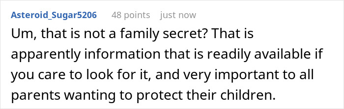 Comment discussing family secrets and the importance of protecting children, related to estranged sis and family patriarch issues.