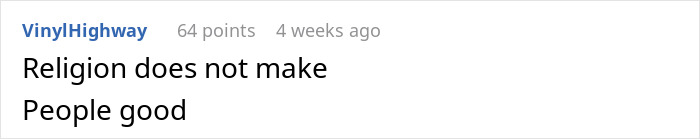 Text post by VinylHighway stating religion does not make people good, highlighting righteous woman judging coworker&rsquo;s life choices.