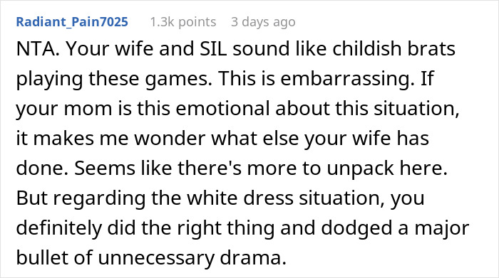 Comment discussing a husband leaving his wife over her outfit choice for brother's wedding, highlighting drama and family tension.