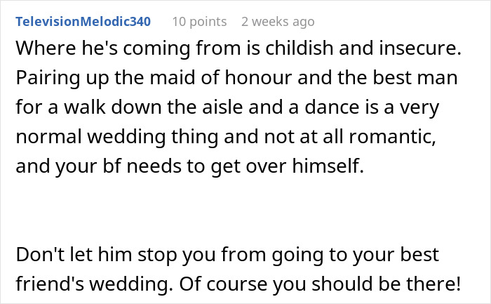 Comment about man reacting negatively to girlfriend doing maid of honor duties at friend's wedding, revealing true face.