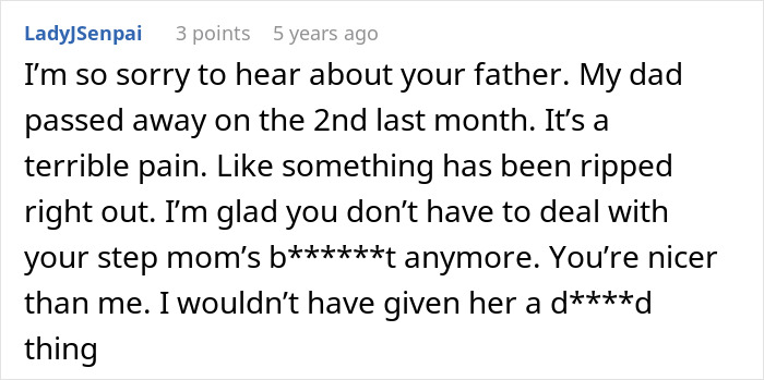 Screenshot of an online comment expressing sympathy about a father’s death and mentioning conflict with a stepmom over inheritance issues.