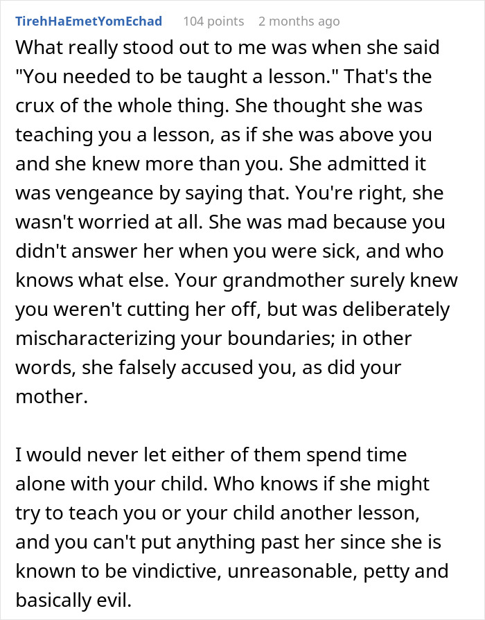 Comment discussing postpartum boundaries and a mother’s vindictive retaliation impacting family dynamics.