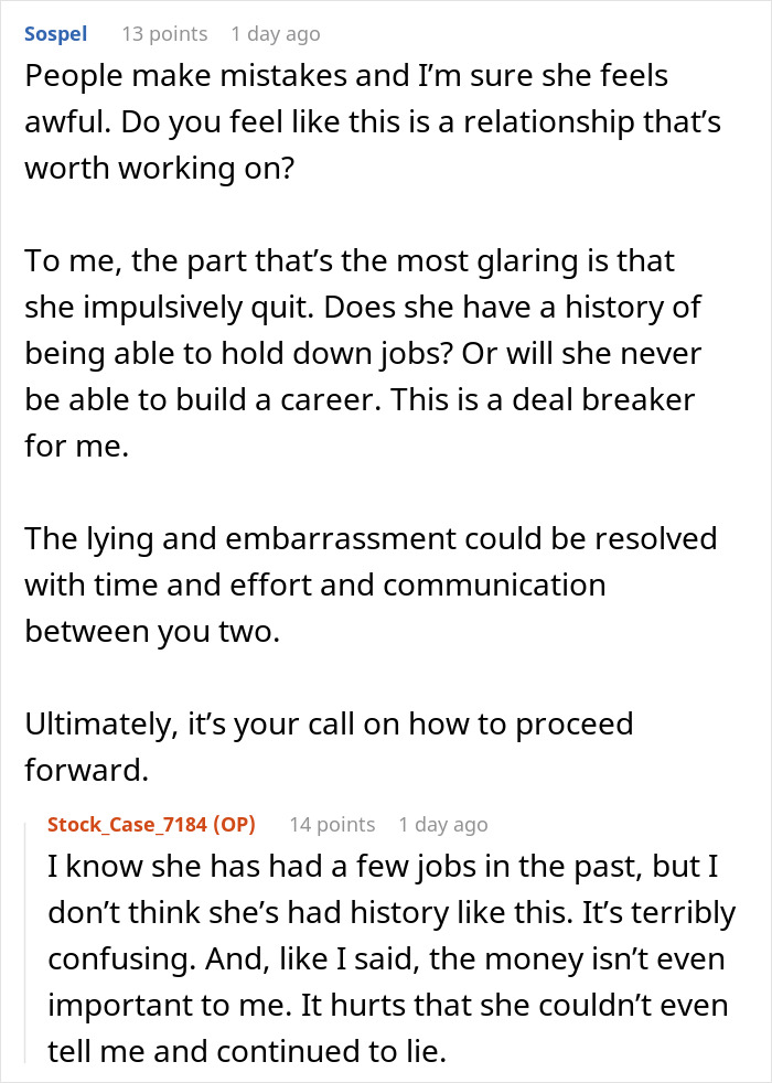 Online discussion about girlfriend who quits her job but pretends to work, boyfriend shocked by truth six months later.
