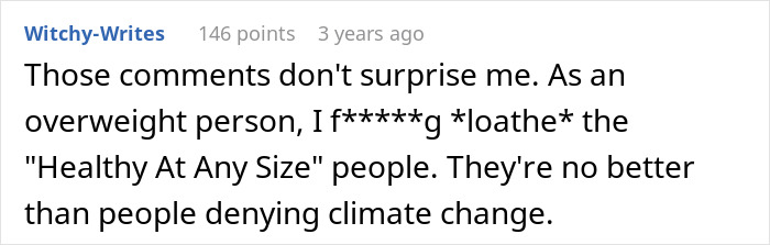 Comment expressing strong dislike for "Healthy At Any Size" supporters, from an overweight person's perspective.