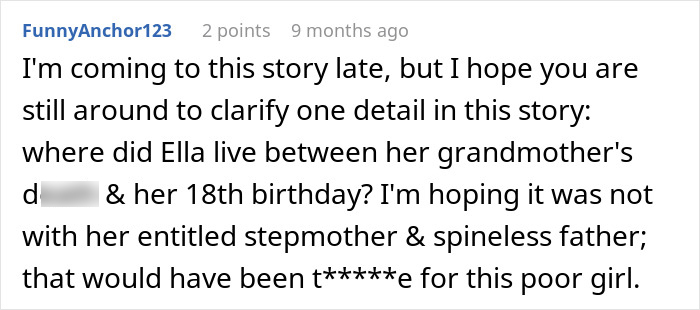 Screenshot of an online comment questioning Ella&rsquo;s living situation involving her stepmother and father in a family conflict story.