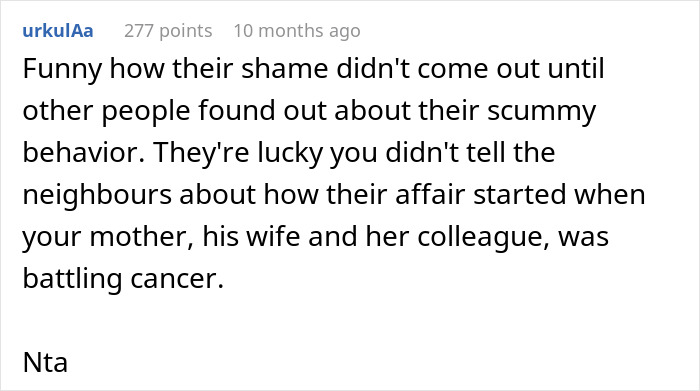 Comment discussing an embarrassing step mother relationship affair involving a cancer battle and hidden shame revealed by others.