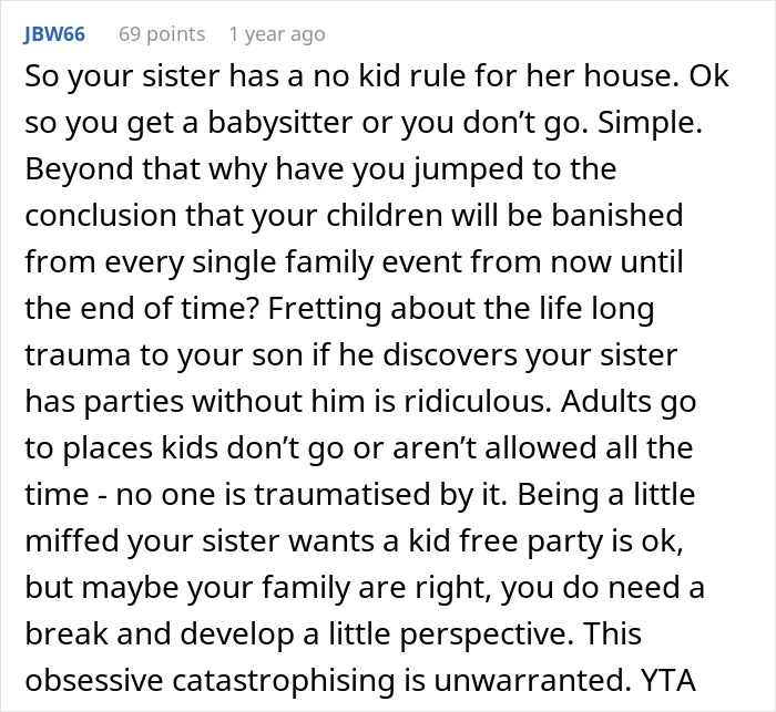 Comment discussing woman&rsquo;s no kids allowed rule at home and brother feeling targeted by family decision.