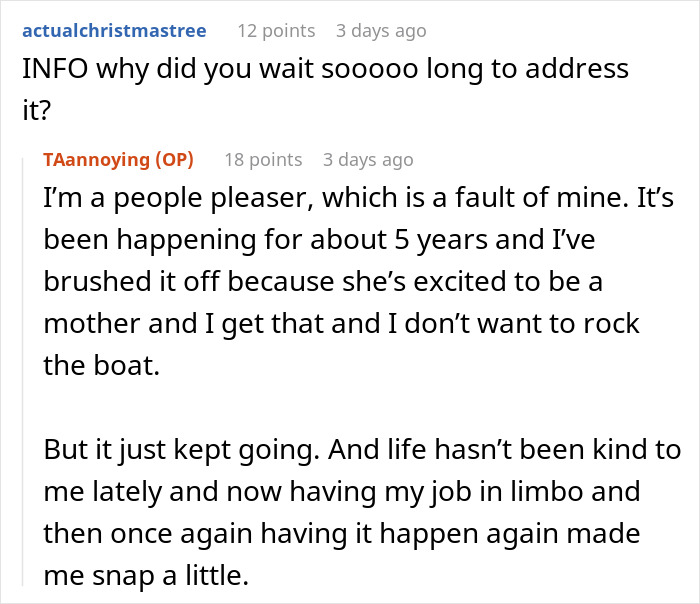 Reddit conversation about a mom not letting sister have one conversation to herself, repeatedly bringing up her kids.