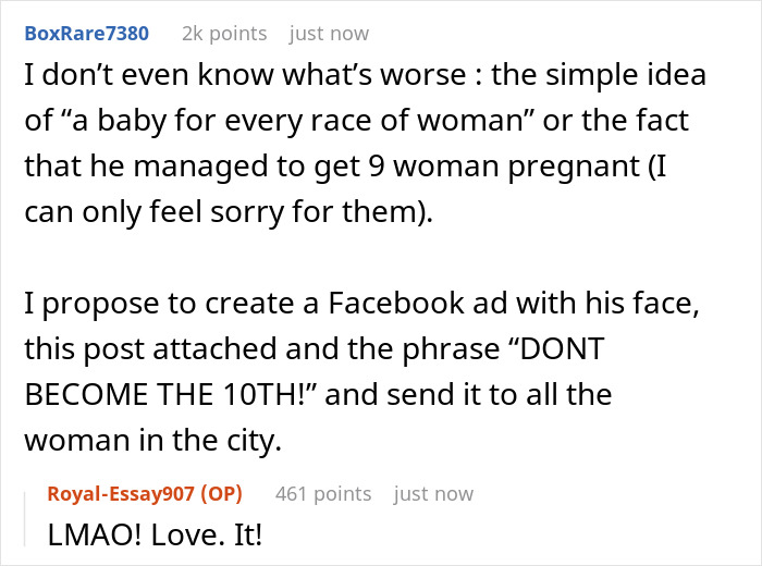 Reddit user comments discussing a cheater with 9 kids and multiple baby mamas in a viral post.