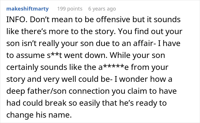 Comment discussing drama over last name and father and son connection amid bio dad involvement and name change tensions.