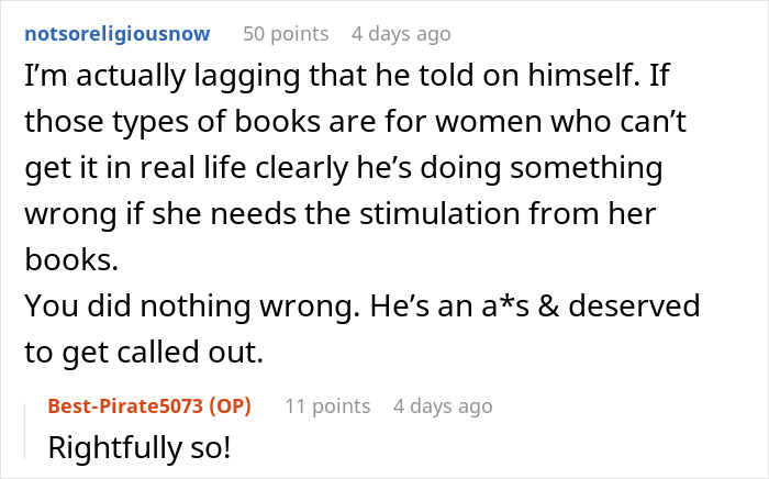 Alt text: Online discussion text about a woman&rsquo;s enjoyment of spicy books causing tension and humiliation at a party.