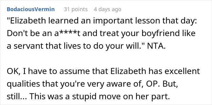 Screenshot of a Reddit comment criticizing a woman who volunteers her boyfriend for free labor and acts insulted when he refuses.