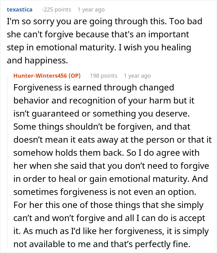 Reddit conversation discussing forgiveness and emotional maturity after male relatives and friends ruin a guy&rsquo;s marriage.