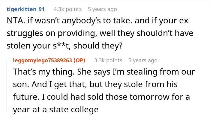 Online discussion about cheating ex-wife&rsquo;s boyfriend stealing expensive Lego sets and the consequences he faced including arrest.